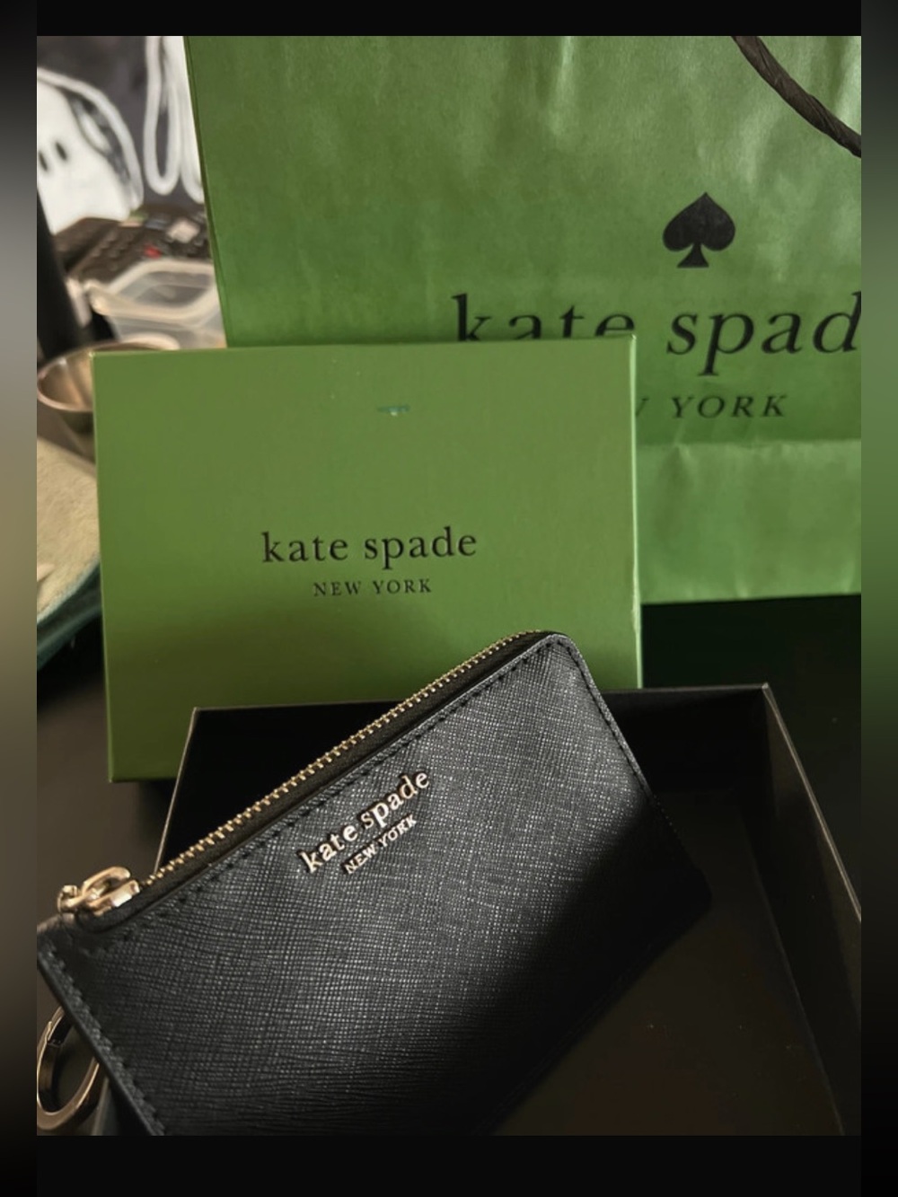 kate spade Black Leather Card Case with box & shopping bag NWOT